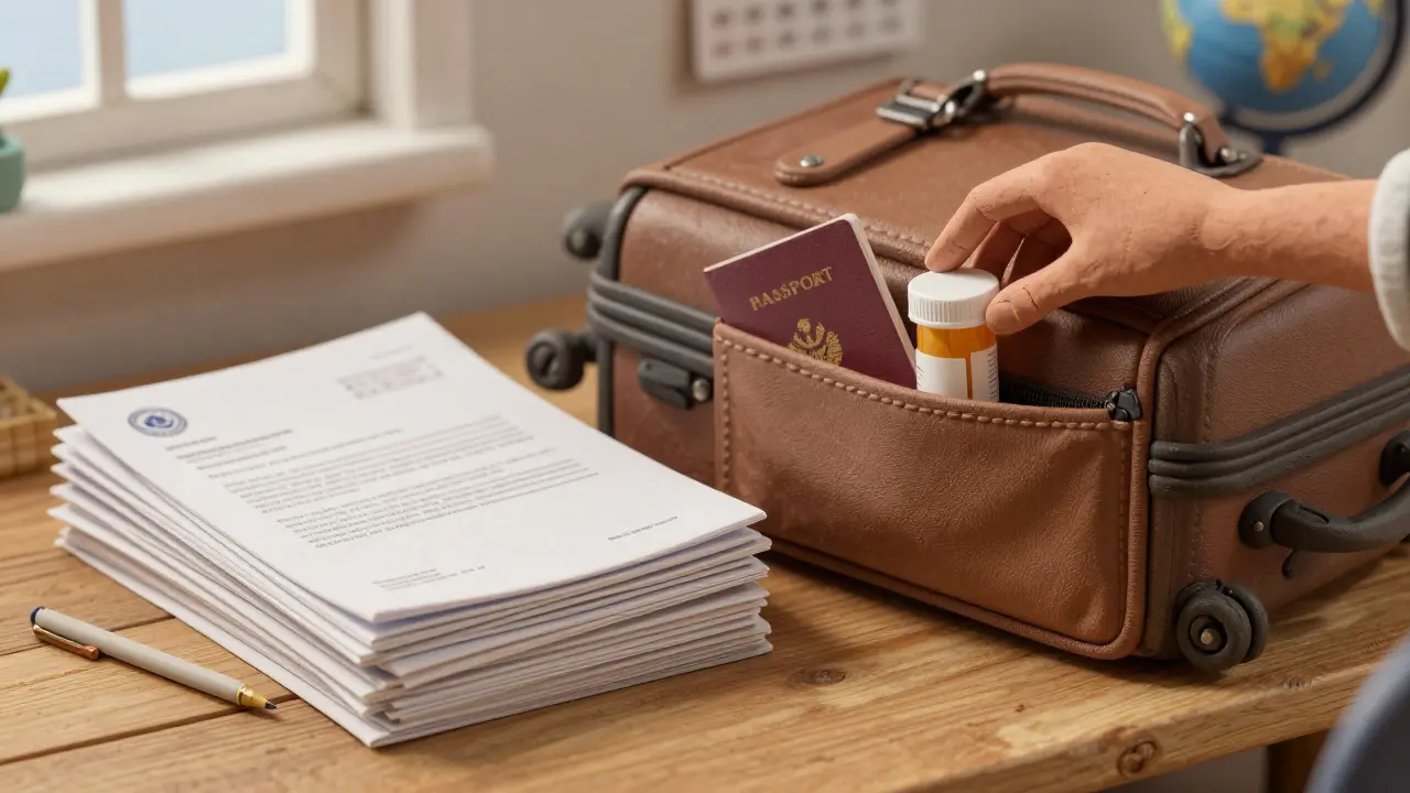 Medical documents and prescription bags ready for travel