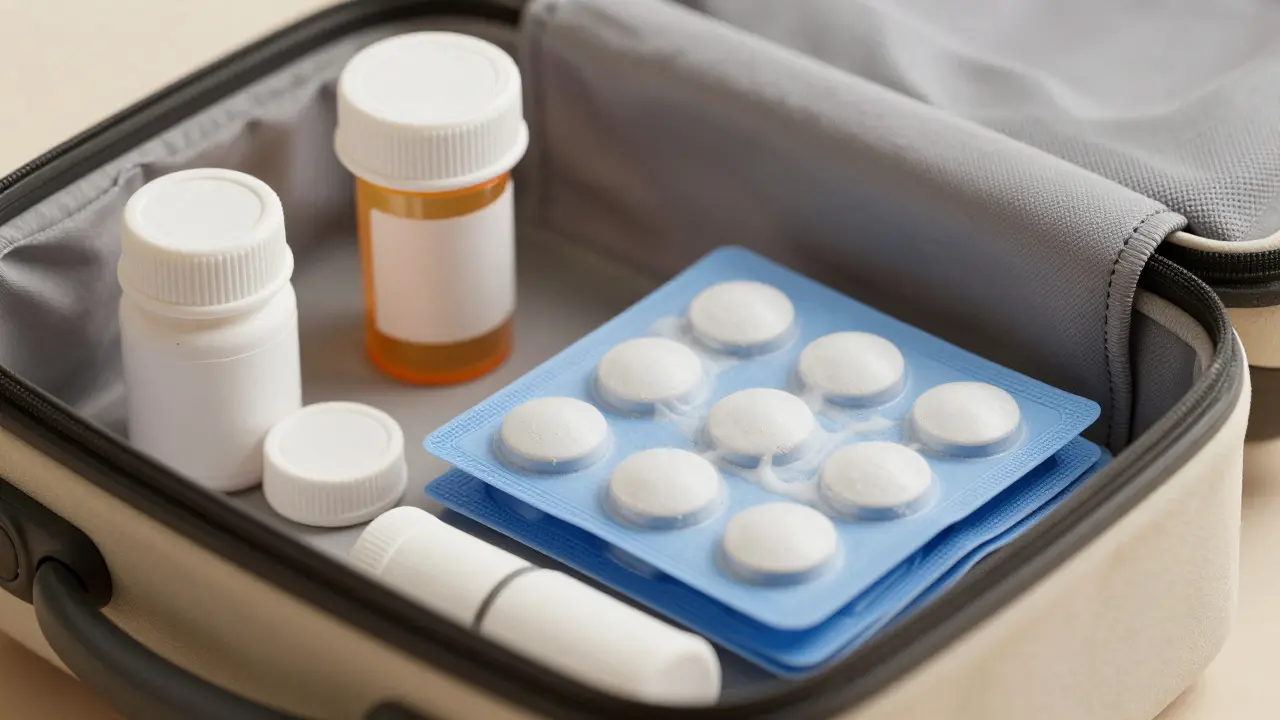 Medicine bottles and frozen cooler packs inside open carry-on bag.