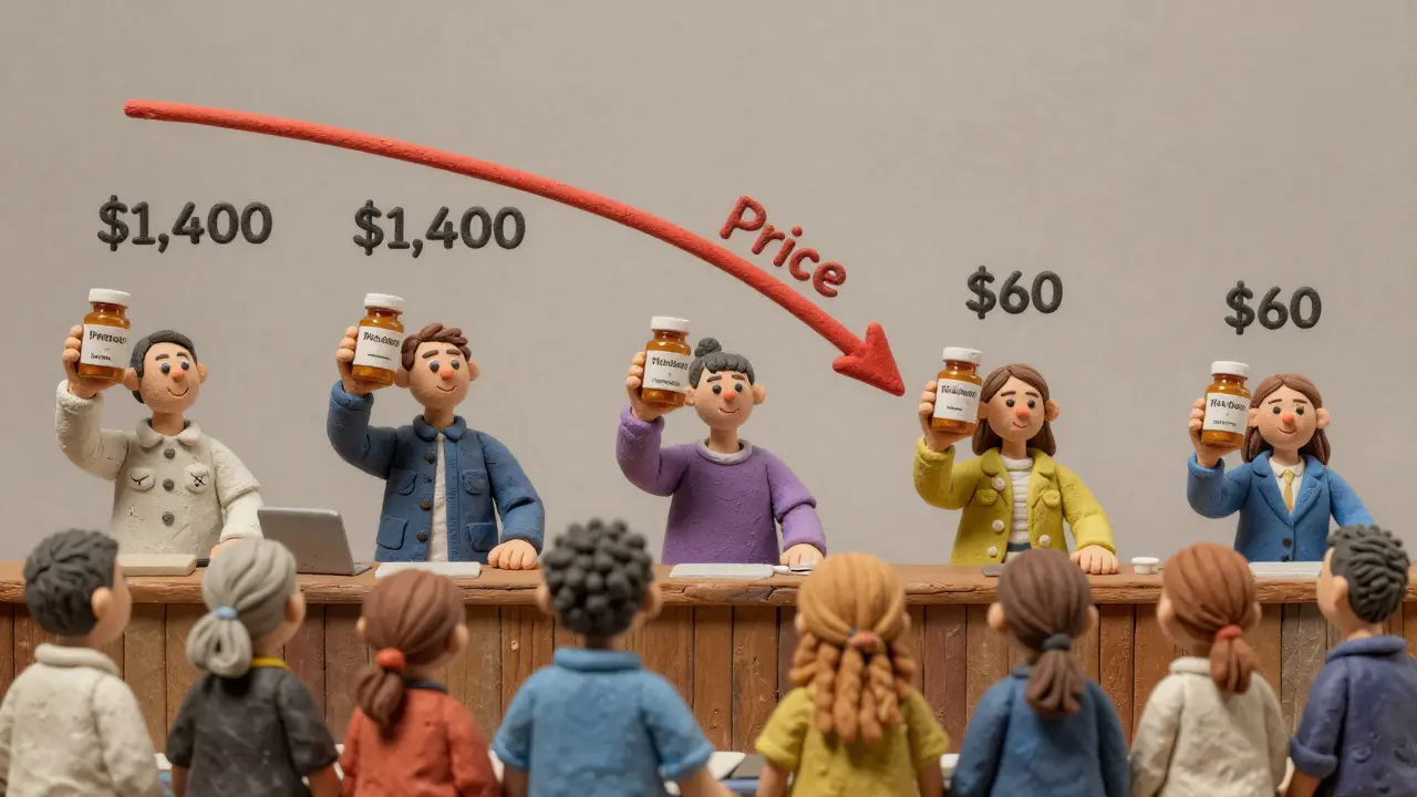 Multiple generic drug makers entering a market, causing prices to plummet as patients celebrate.