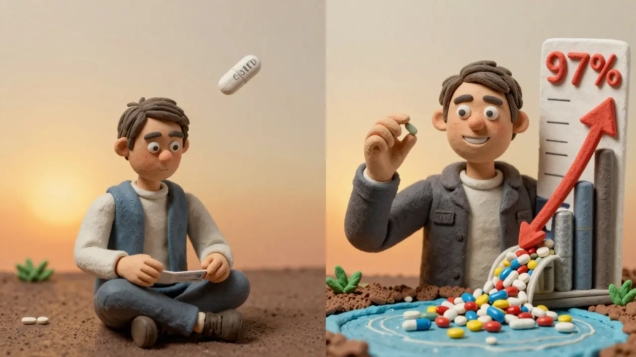 Patient before and after generic access, with market flood of generics lowering prices and restoring hope.