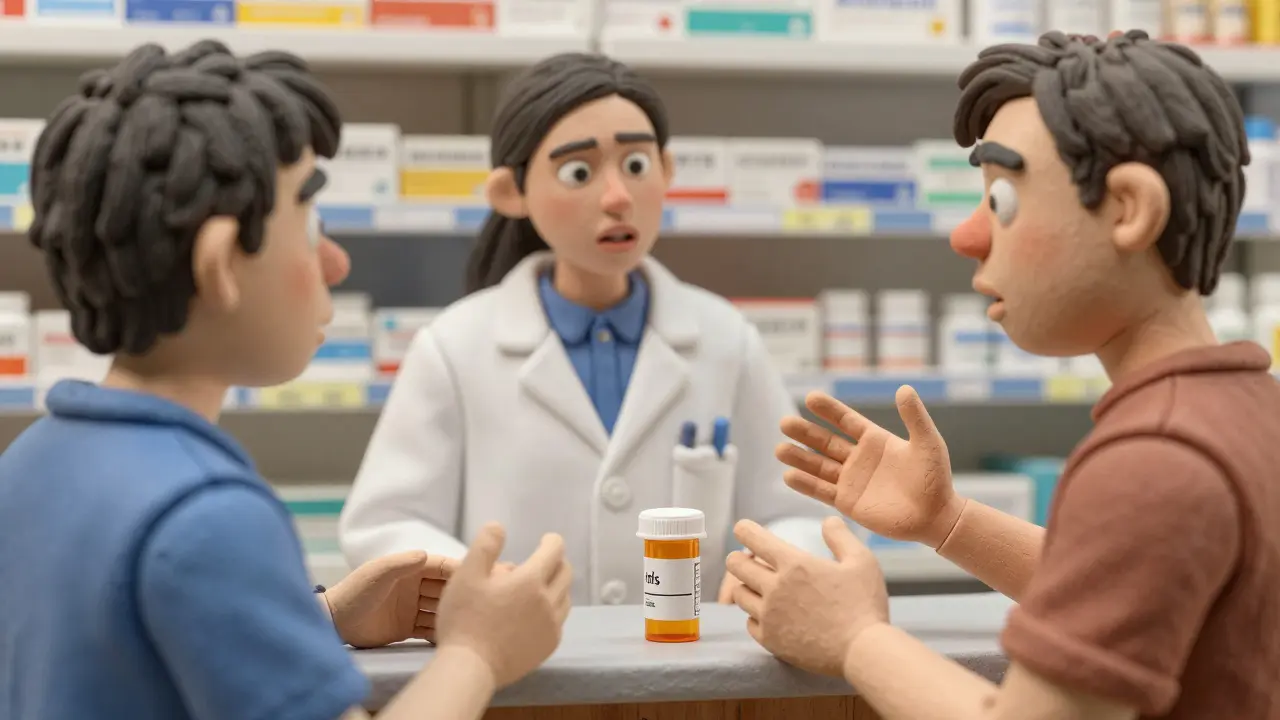 Person speaking with a pharmacy manager about a wrong medication error.