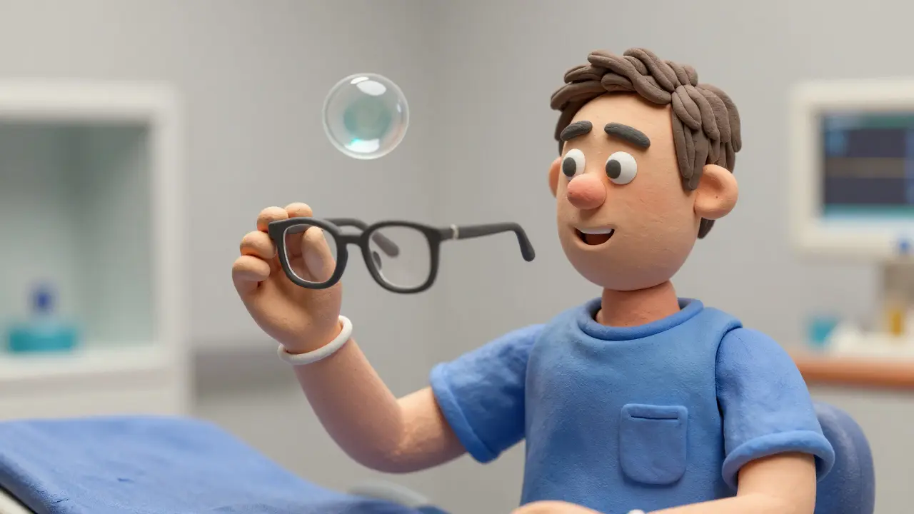Smiling clay figure holding discarded glasses near clear lens.