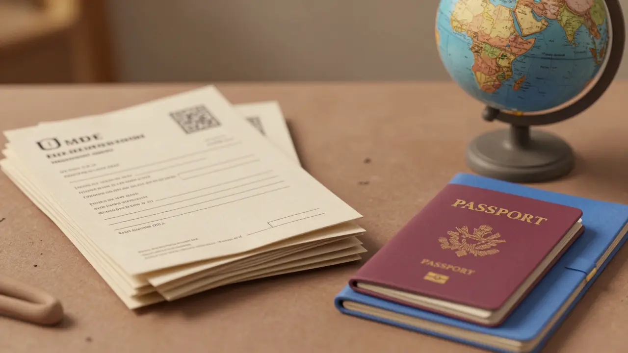 Stack of medical travel documents and passport on wooden desk.