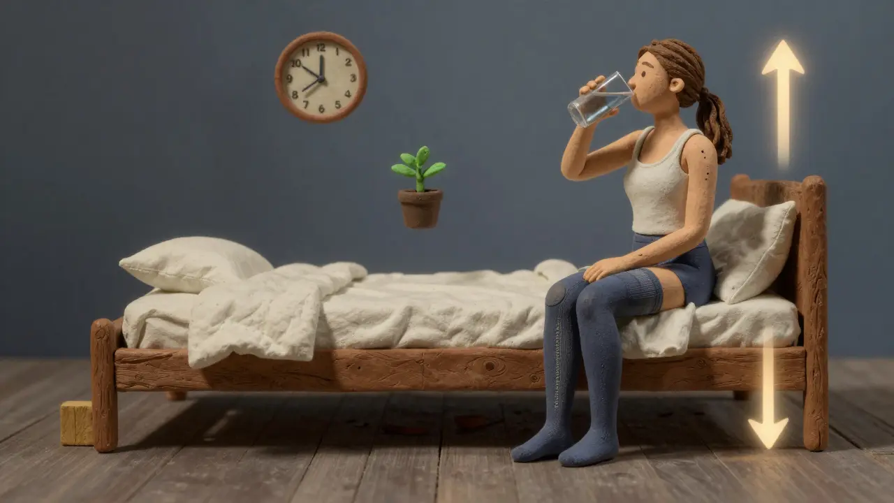 Woman sitting on edge of elevated bed, wearing compression stockings and drinking water.