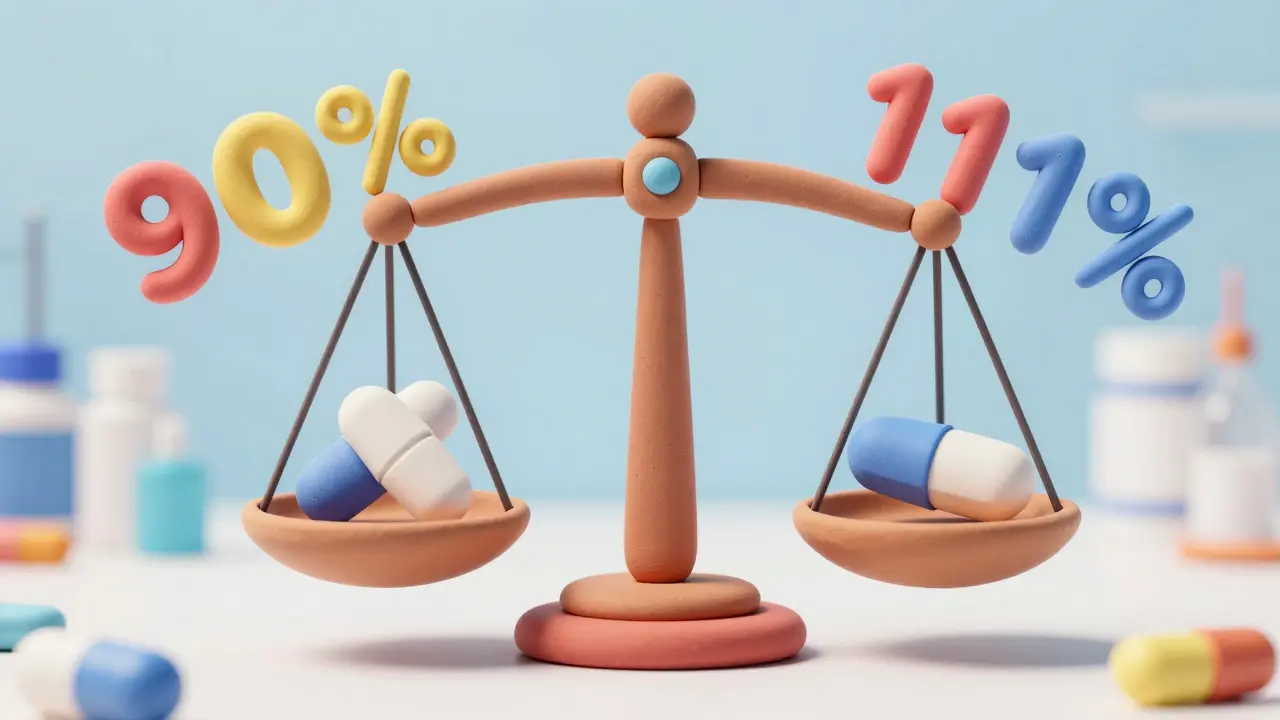 A balanced scale with two identical clay pills and percentage markers.