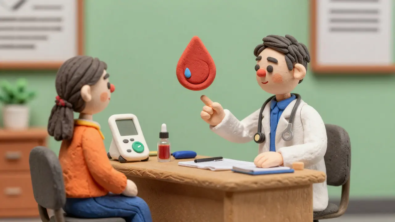 A clay doctor and patient discussing blood monitoring for medication.