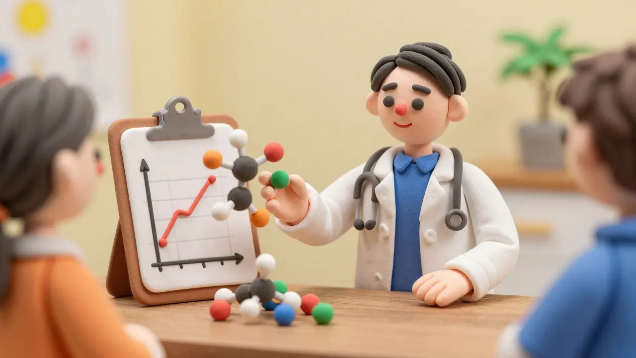 A clay doctor explaining medicine science to a patient with a molecular model and a health chart.
