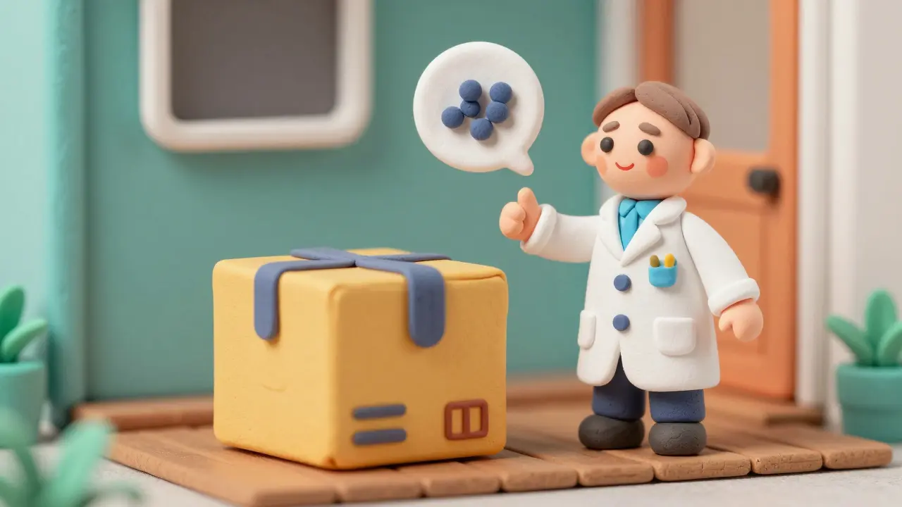 A discrete medication delivery box on a doorstep with a pharmacist icon