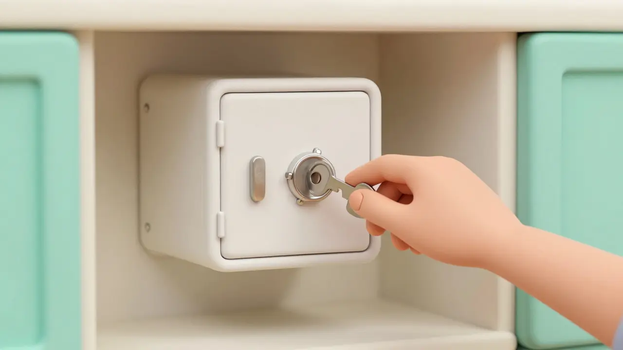 A locked medication box mounted high on a wall in a dry pantry