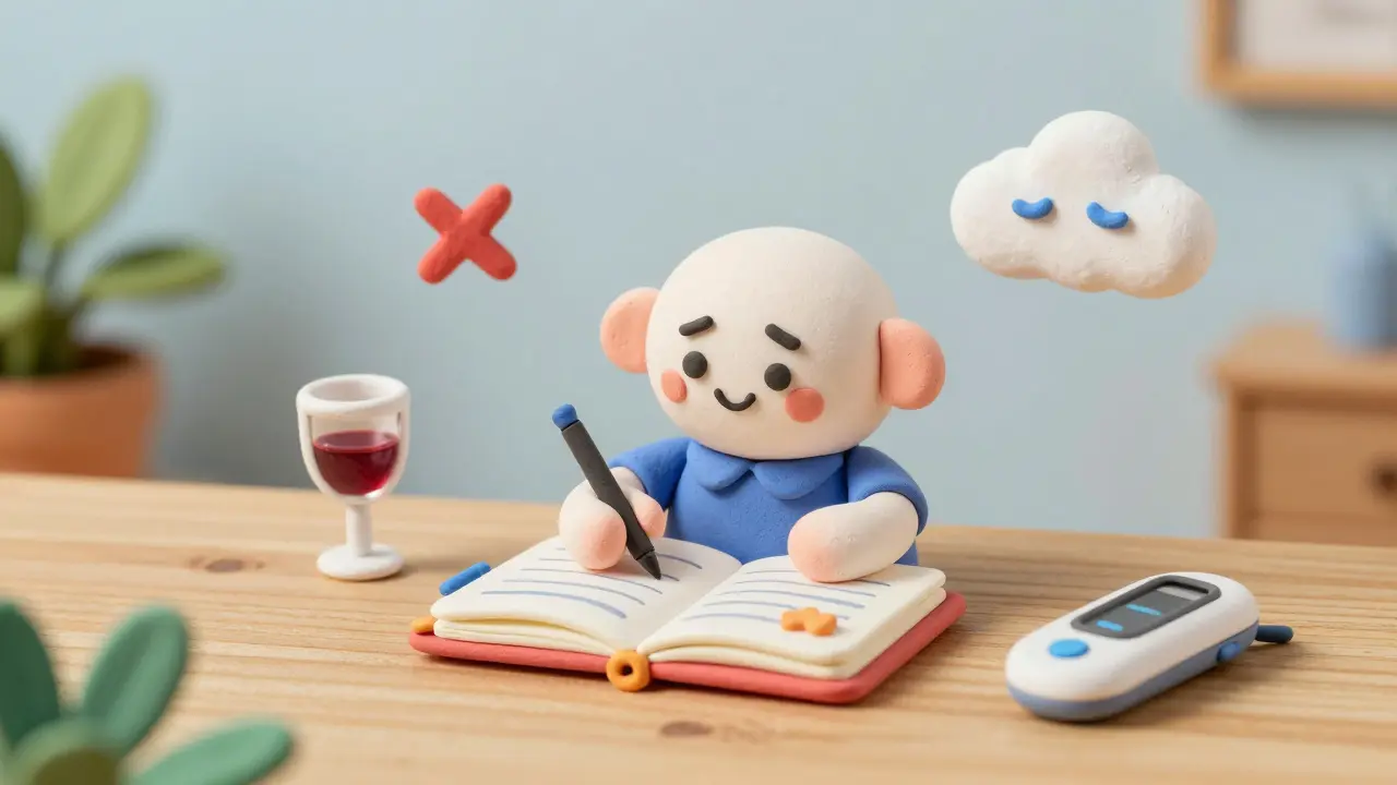 Clay character tracking migraine triggers in a notebook surrounded by lifestyle icons.