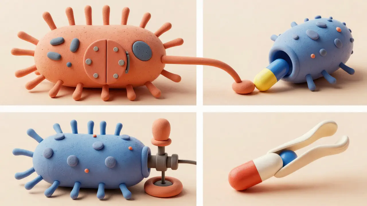 Clay models showing bacteria using pumps and shields to resist antibiotics.