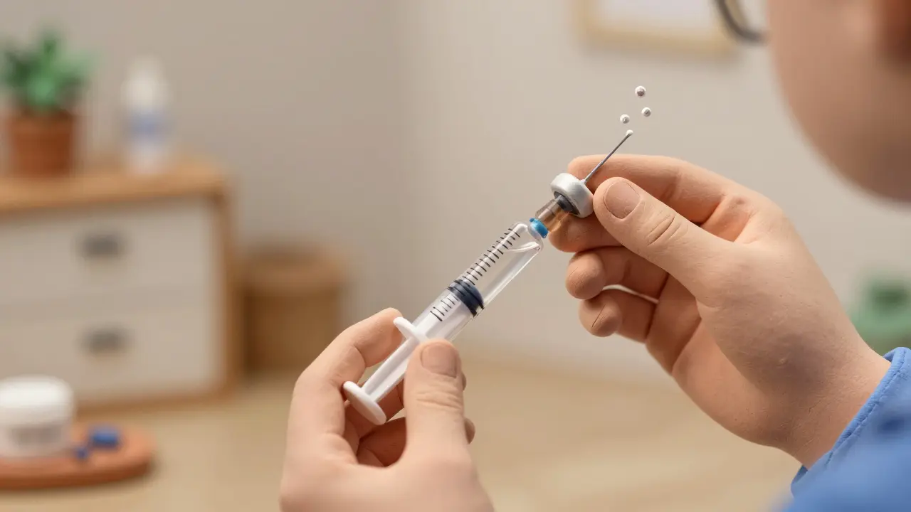 Clay rendering of hands drawing medicine into a syringe at eye level for accuracy