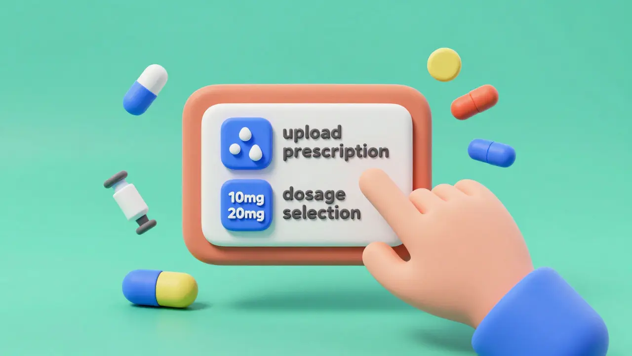 Clay style 3D render of a hand using a tablet to order medication online