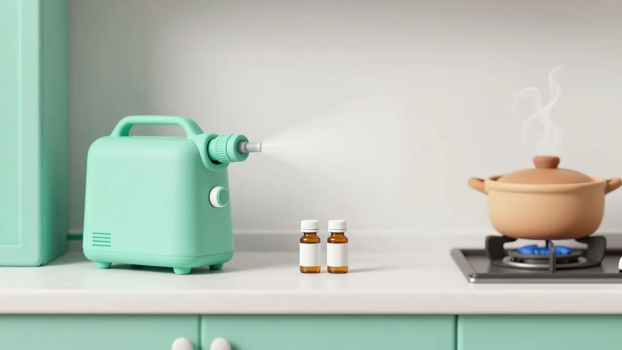 Clay style illustration of a nebulizer placed safely away from a stove in a kitchen