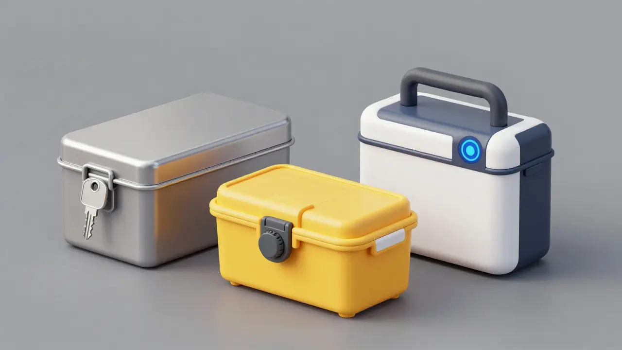 Clay style illustration of three different medication lockboxes: key, combination, and biometric