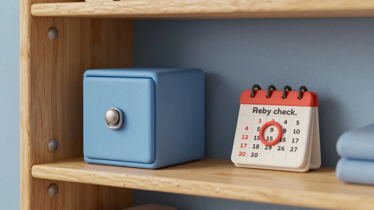 Clay style image of a wall-mounted medication lockbox inside a dry bedroom closet