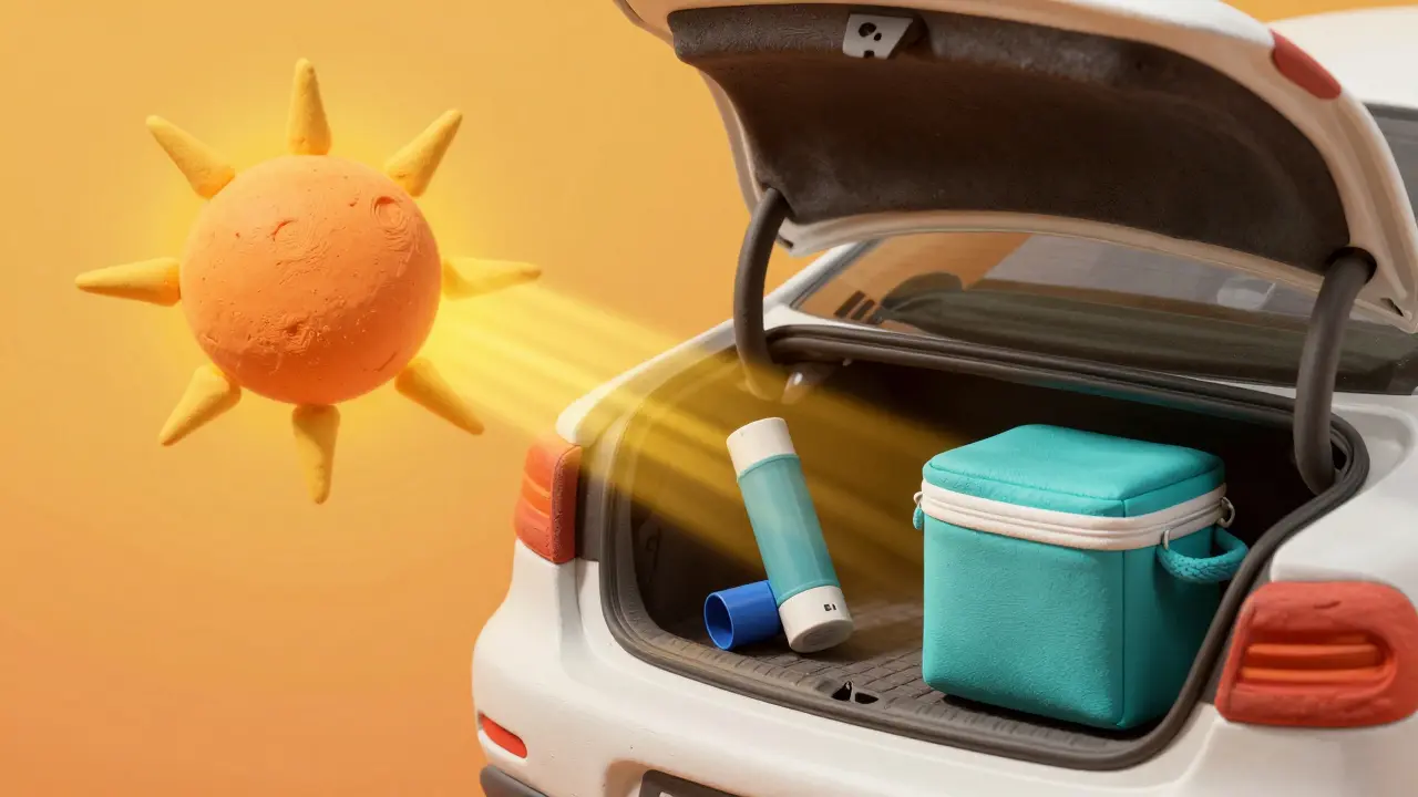 Clay style scene showing an inhaler in a hot car glove box next to an insulated pouch