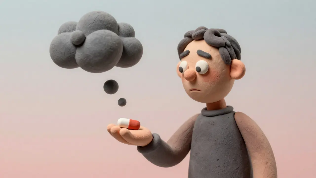Claymation character looking skeptically at a generic pill with a gray cloud of doubt above their head.