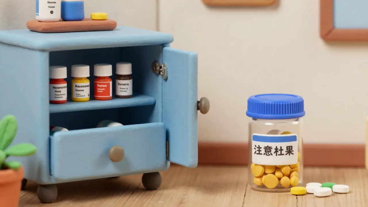 Human and pet medications stored in separate locked containers across a room