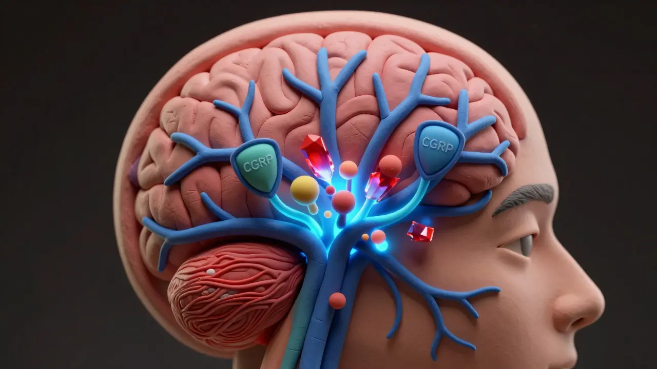 Stylized clay model of brain nerves being protected by antibody shields from pain molecules.