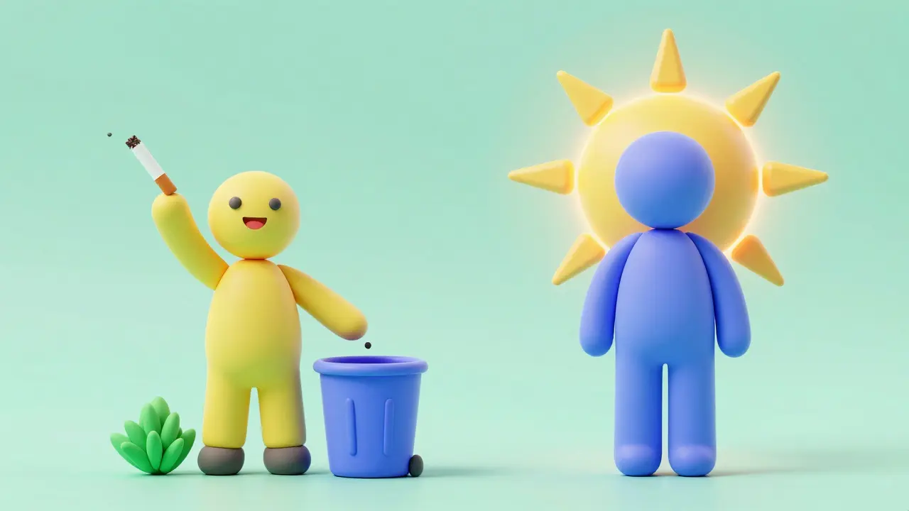 Stylized figures symbolizing smoking cessation and mental health recovery