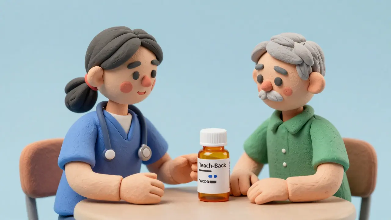 Caregiver and patient reviewing a medicine label together at a table.