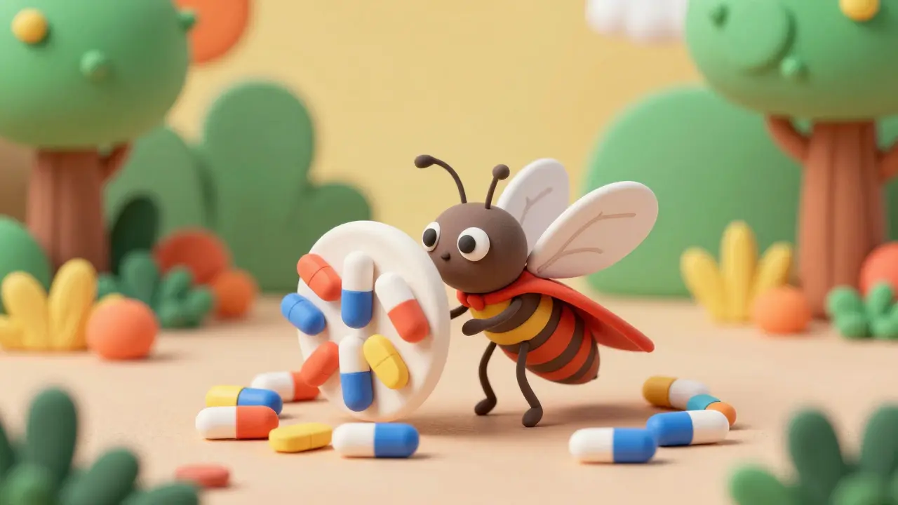 Cartoon mosquito blocked by protective medicine pills