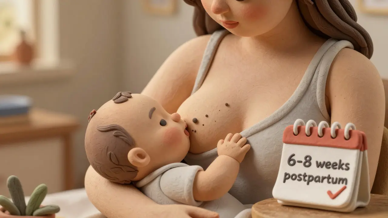 Clay art of breastfeeding mother with postpartum care symbols