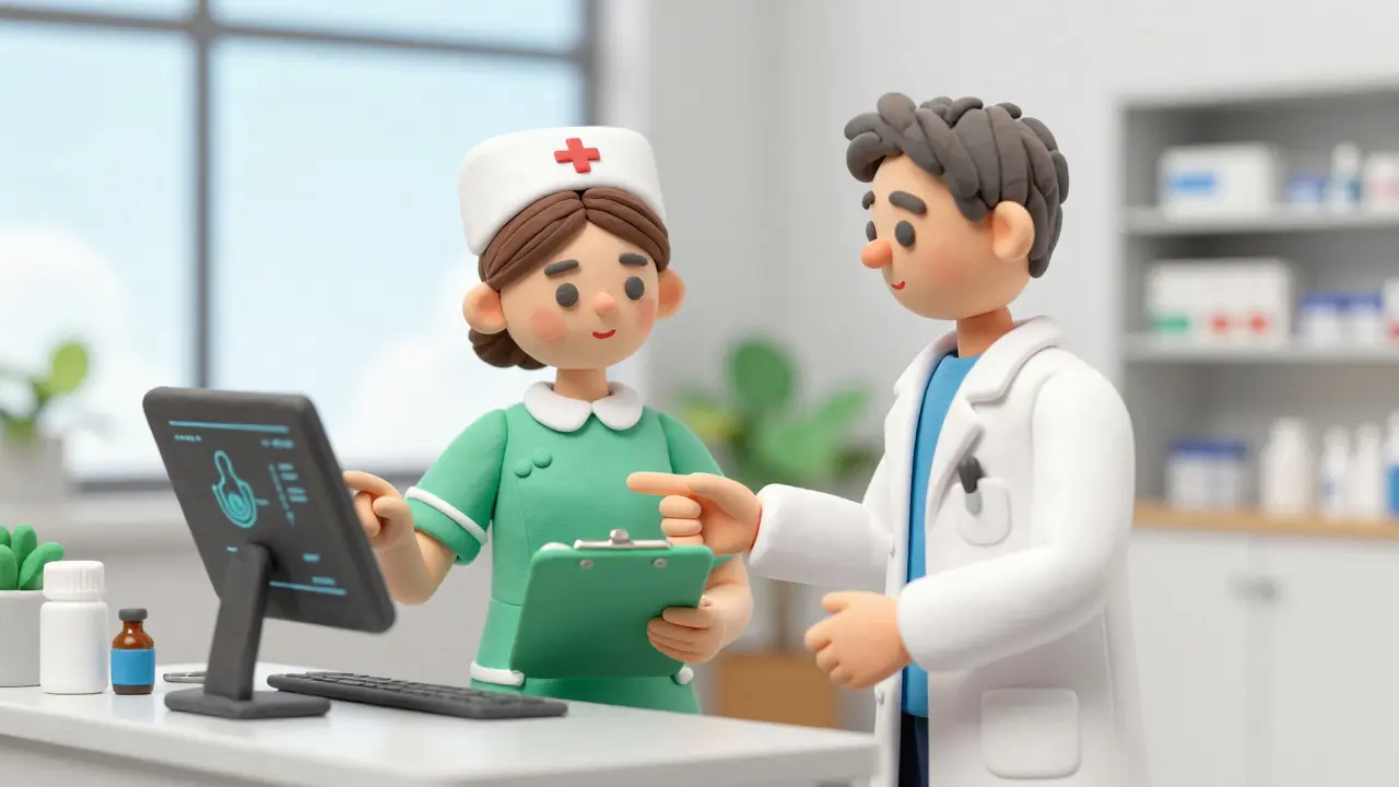 Clay art showing nurse and pharmacist collaborating on patient care