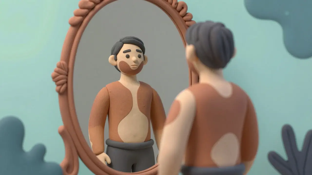 Clay figure looking confidently in a mirror, symbolizing relief from vitiligo anxiety.