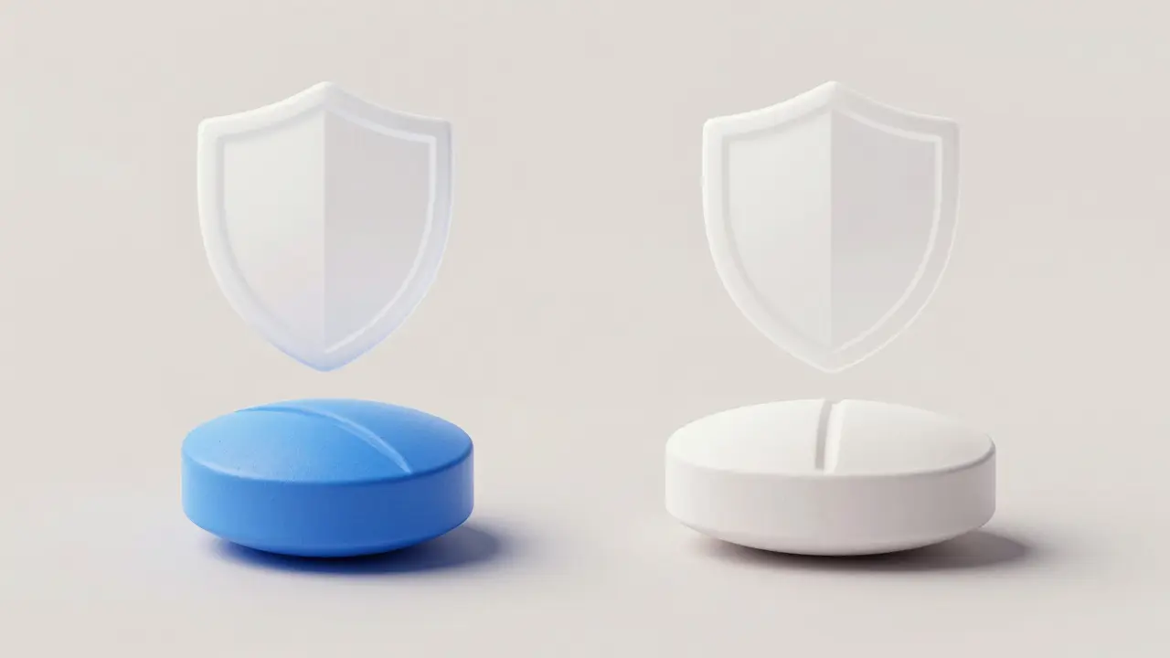 Clay illustration comparing brand and generic pills with safety shield