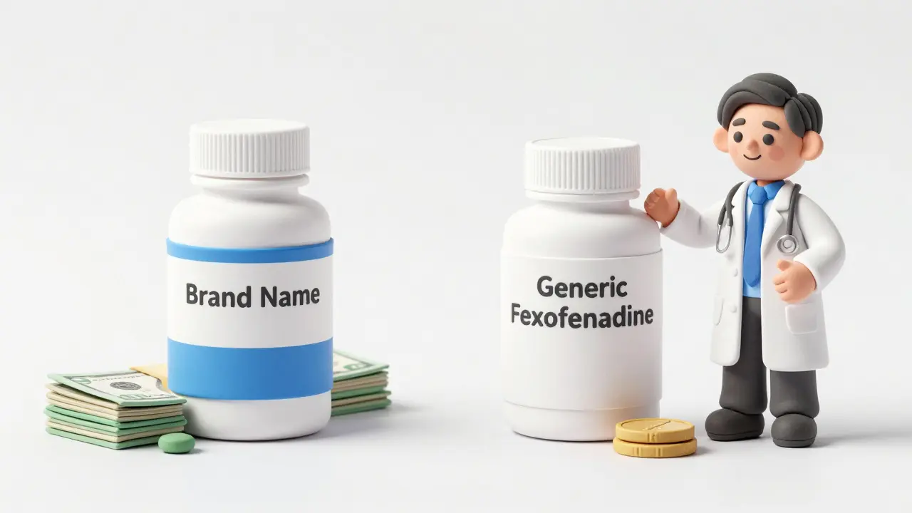 Clay illustration comparing expensive brand-name pills to cheap generic fexofenadine options.