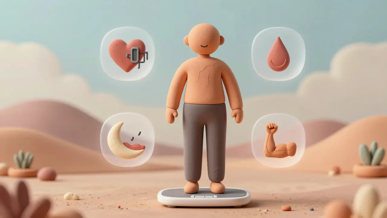 Clay illustration showing health metrics like heart, sleep, and muscles around a person.