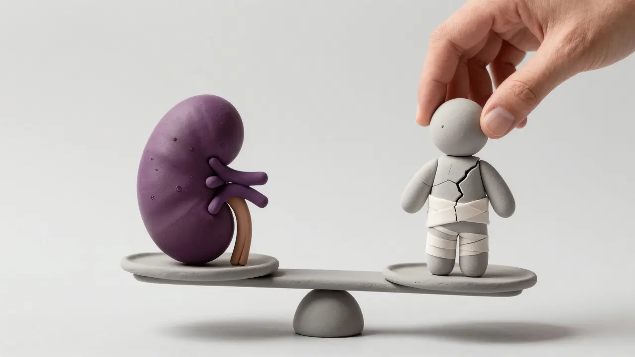 Clay scale balancing a healthy kidney against a bandaged wound