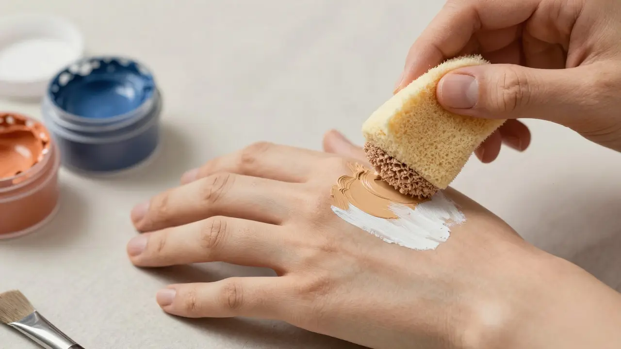 Close-up of clay hands applying camouflage makeup to blend skin patches.