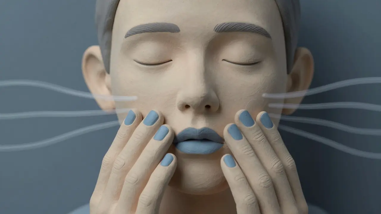 Close-up of face showing pale skin and blue lips indicating low oxygen