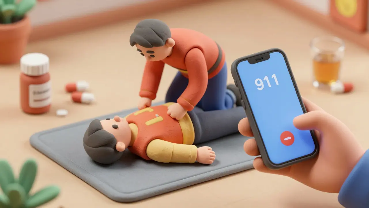 Emergency responder placing unconscious person in recovery position