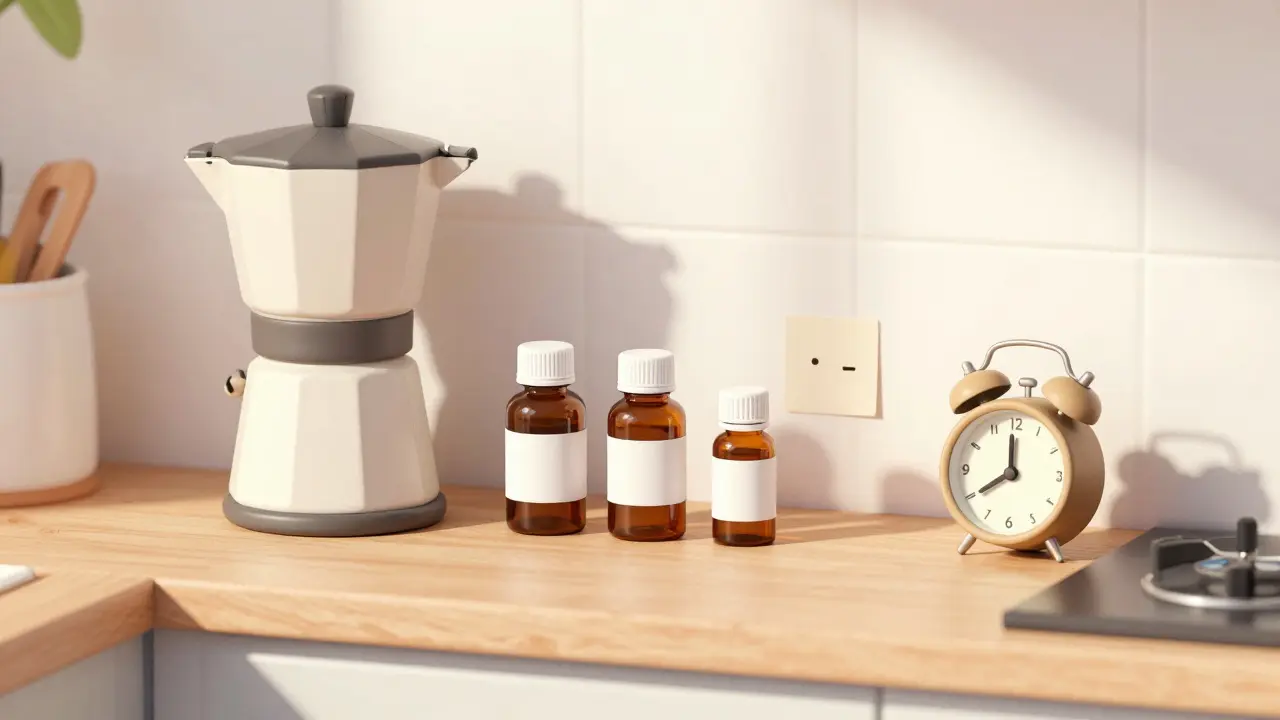 Medicine bottles placed next to a coffee maker on a kitchen counter.