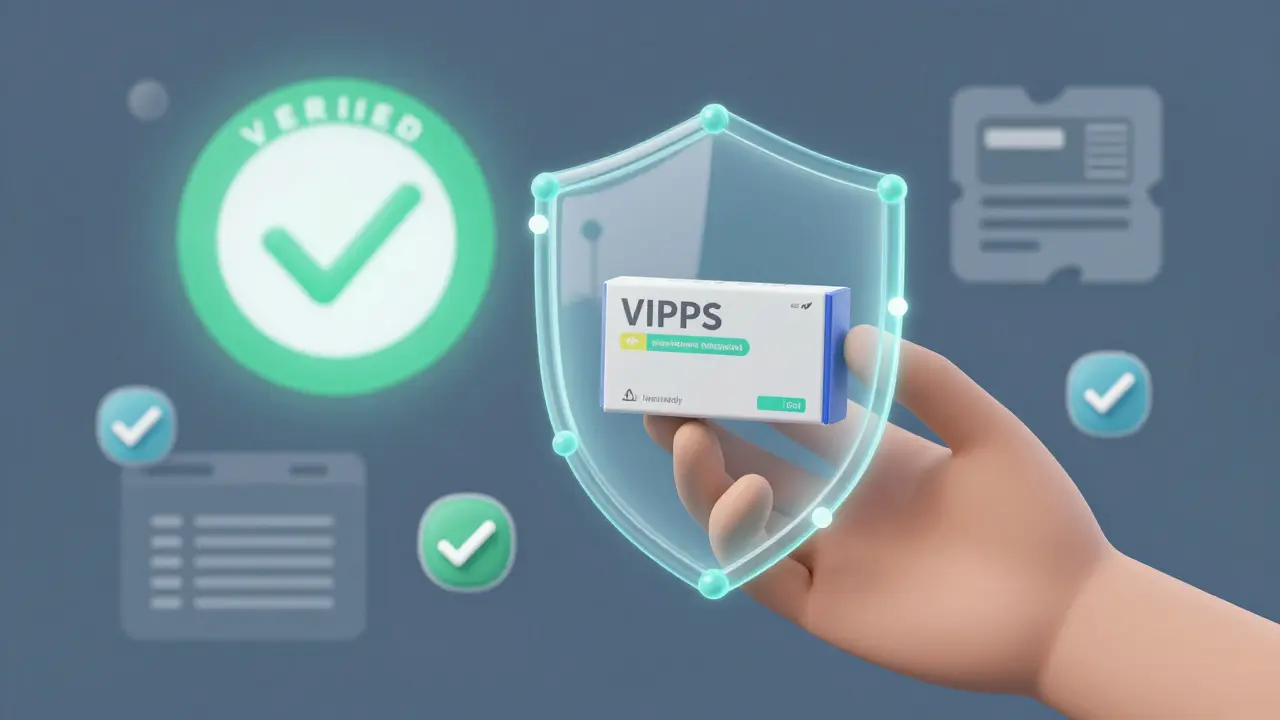 Person protected by digital security shield verifying medication authenticity