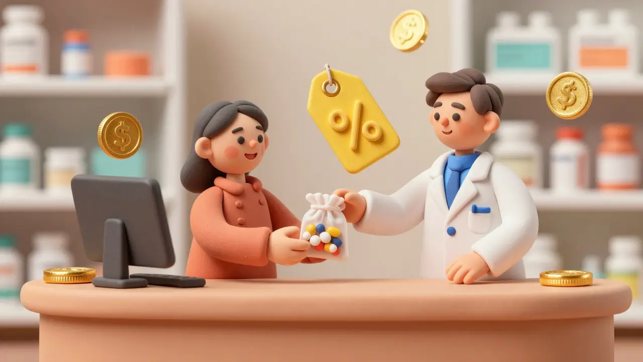 Pharmacy counter showing affordable medication purchase with savings