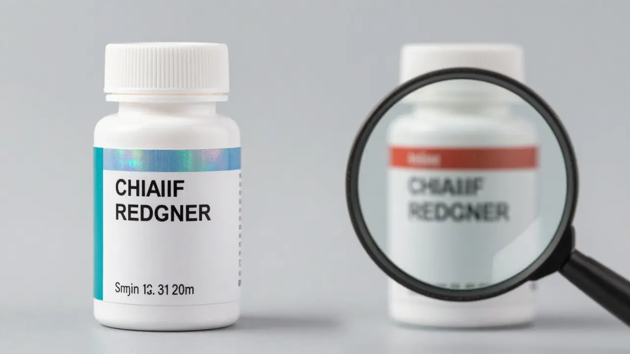 Side-by-side comparison of genuine vs fake pill bottles highlighting packaging flaws
