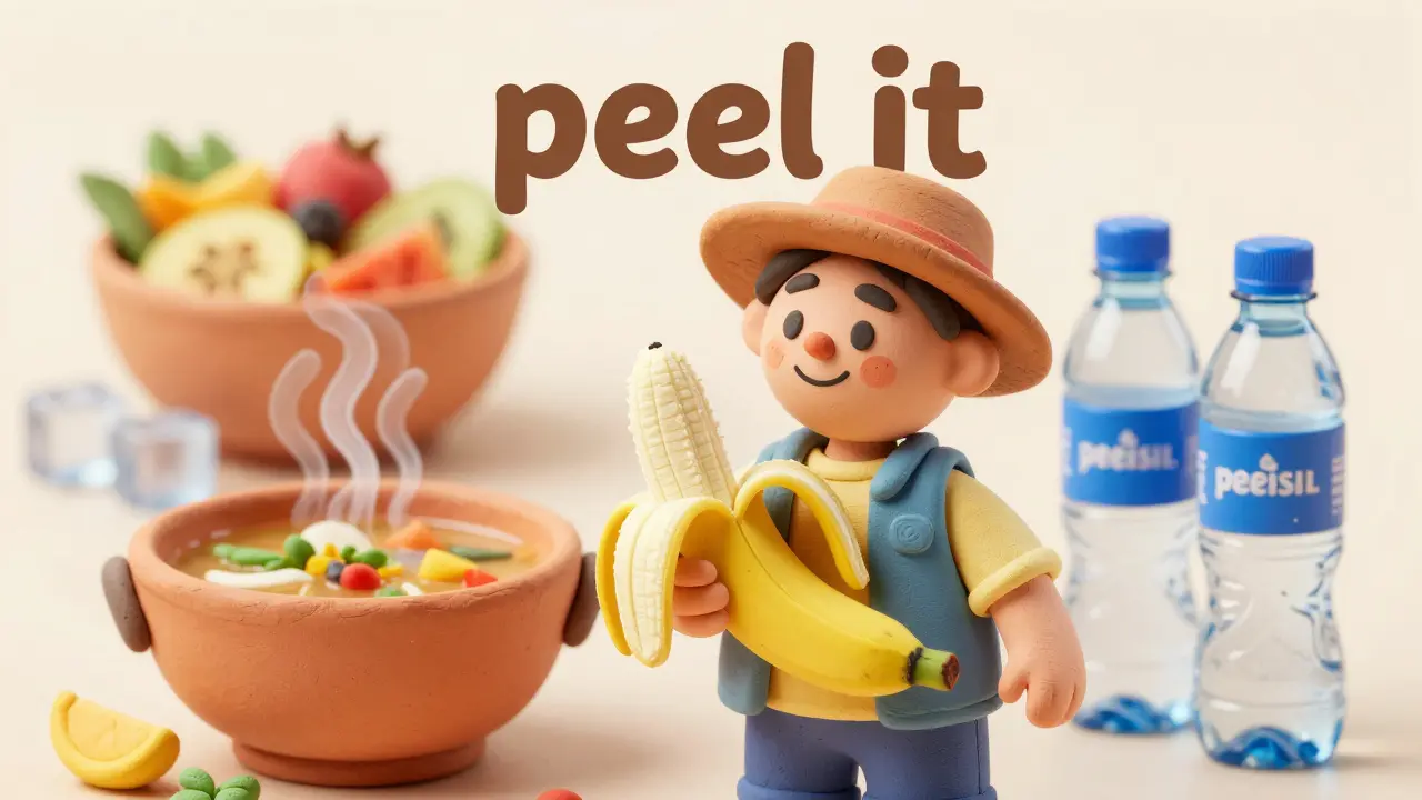Traveler eating safe peeled fruit in clay art style