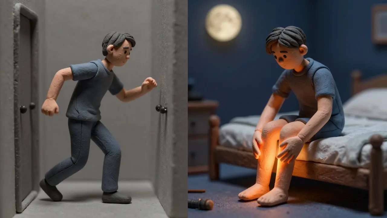 Clay art contrasting pacing anxiety vs nighttime leg pain