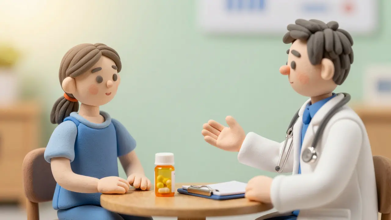 Clay doctor and patient discussing medication relief