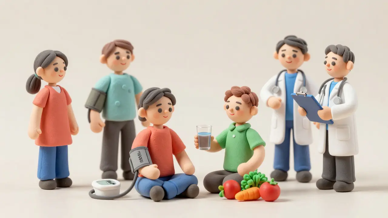 Clay figures managing health through diet and blood pressure checks