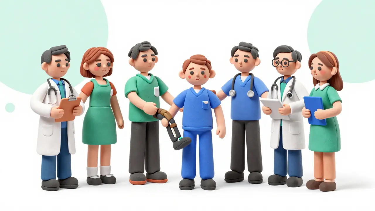 Clay figures of healthcare team supporting a patient