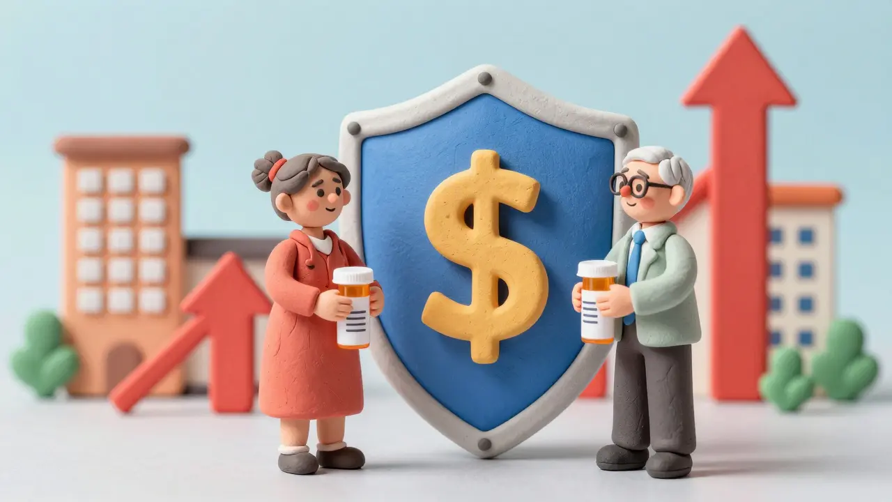 Clay figures of seniors protected by a shield against rising drug cost arrows.