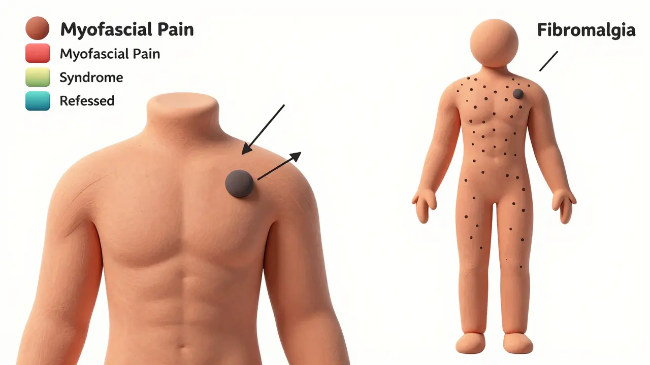 Clay illustration comparing localized MPS pain vs widespread fibromyalgia