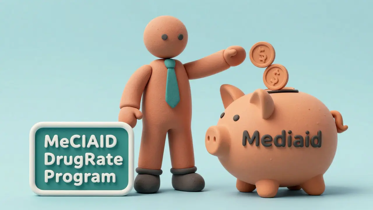 Clay illustration of a manufacturer paying rebates into a Medicaid fund container.