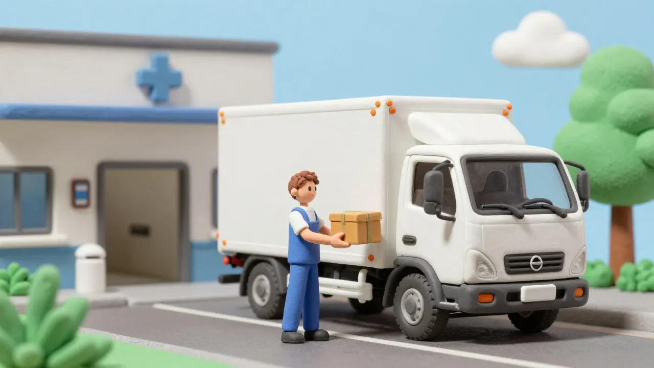 Clay illustration of secure drug pickup by reverse distributor